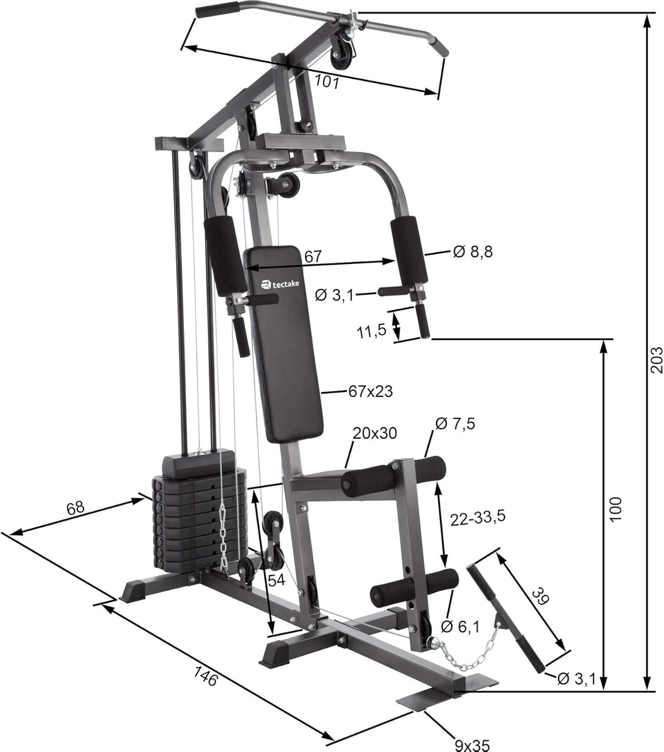 Tectake station musculation complète, cage traction, papillon, jambes, maison