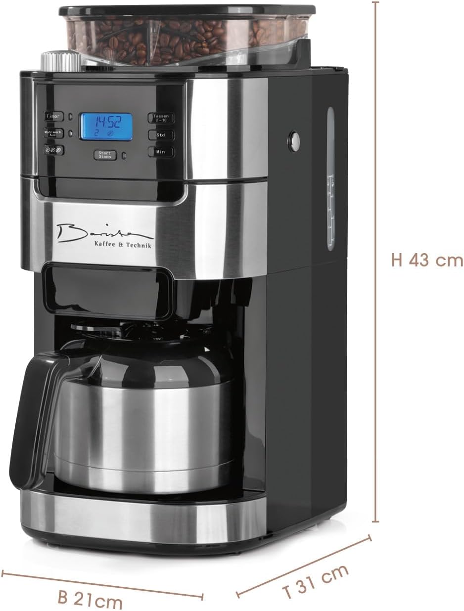Barista Cafetière Filtre avec verseuse Isotherme 1L pur 12 tasses de café, Machine a cafe grain avec broyeur et écran digital, Fonction de minuterie
