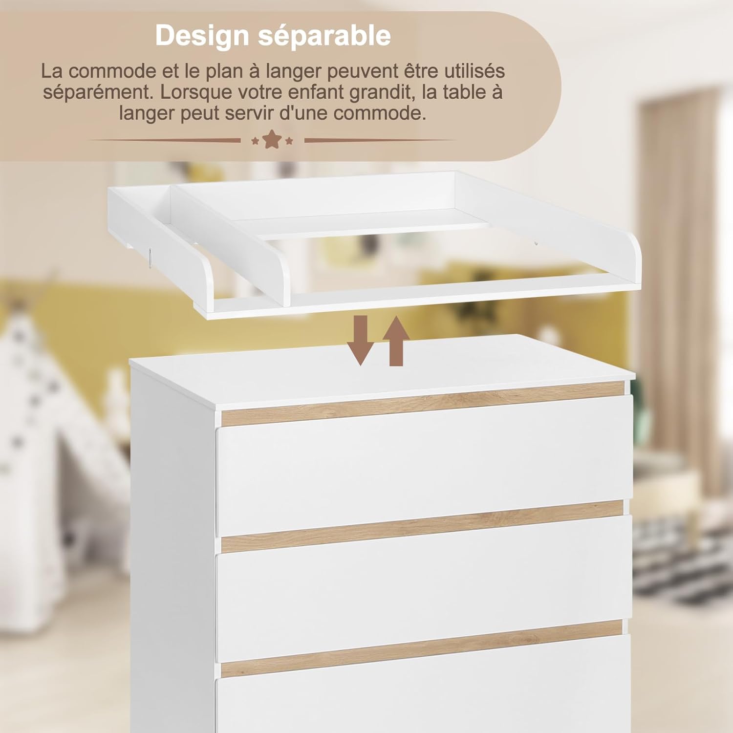 WOLTU Table à Langer + Commode avec 4 Tiroirs, Ensemble Meuble à langer pour Bébé, en Bois d’Ingénierie, Blanc + Chêne Clair, 80x75x109,2cm
