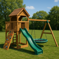 Aire de jeux enfant bois avec toboggan vert/balançoire