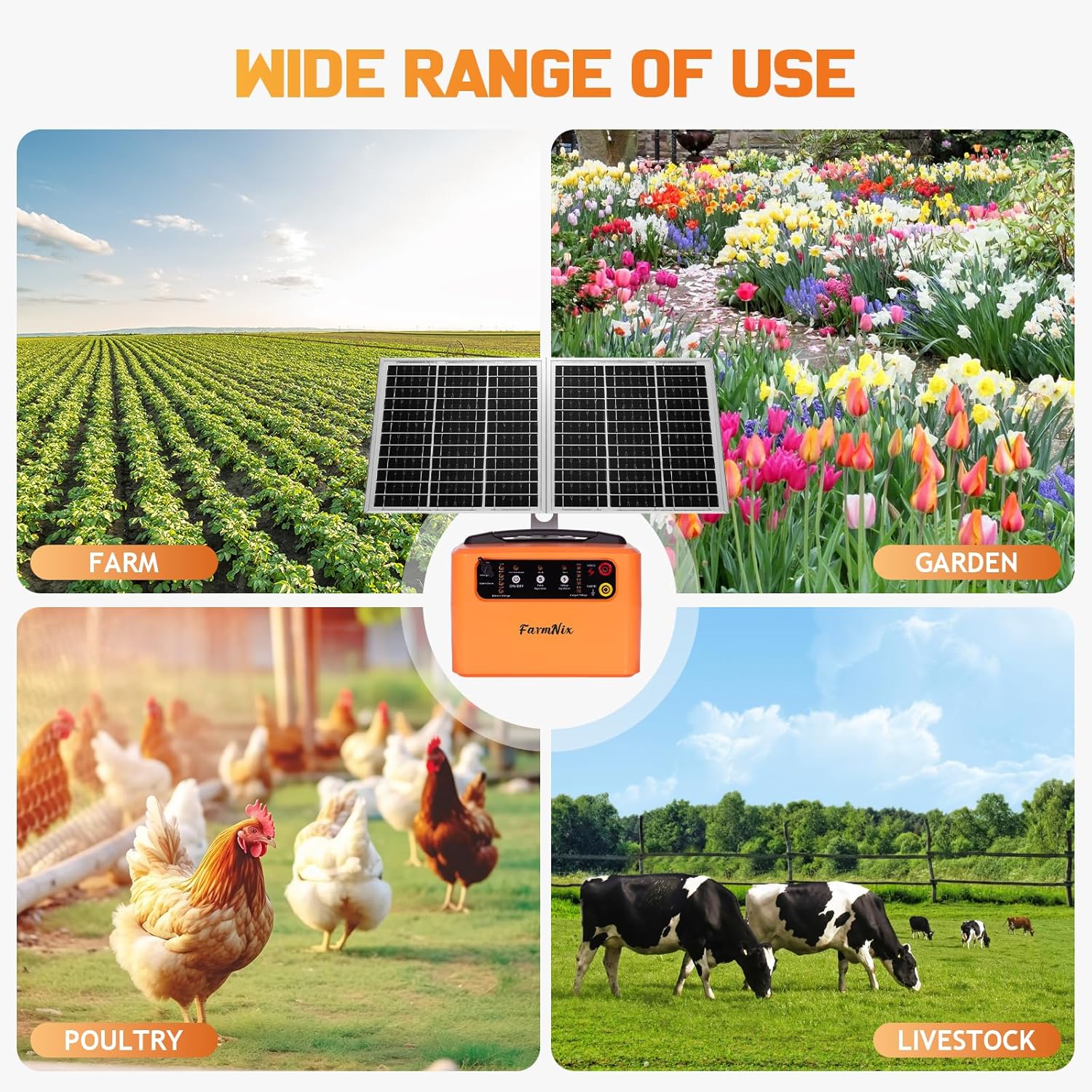 FarmNix 48KM Électrificateur Clôture Electrique Solaire, 6KV-12KV avec Panneau Solaire 15W & Batterie 7Ah 12V, 0.3-1.5J pour élevage d'animaux de berger, pour ferme, pâturage, jardin