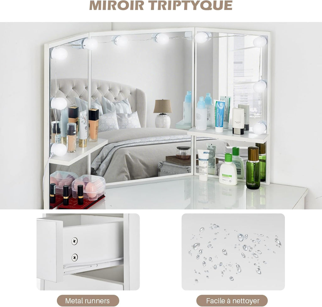 Coiffeuse avec Miroir Triptyque et Tabouret, Coiffeuse d'angle Miroir Tabouret 2 Compartiments 5 Tiroirs, Table de Maquillage Blanc Moderne Femme Cadeau avec LED