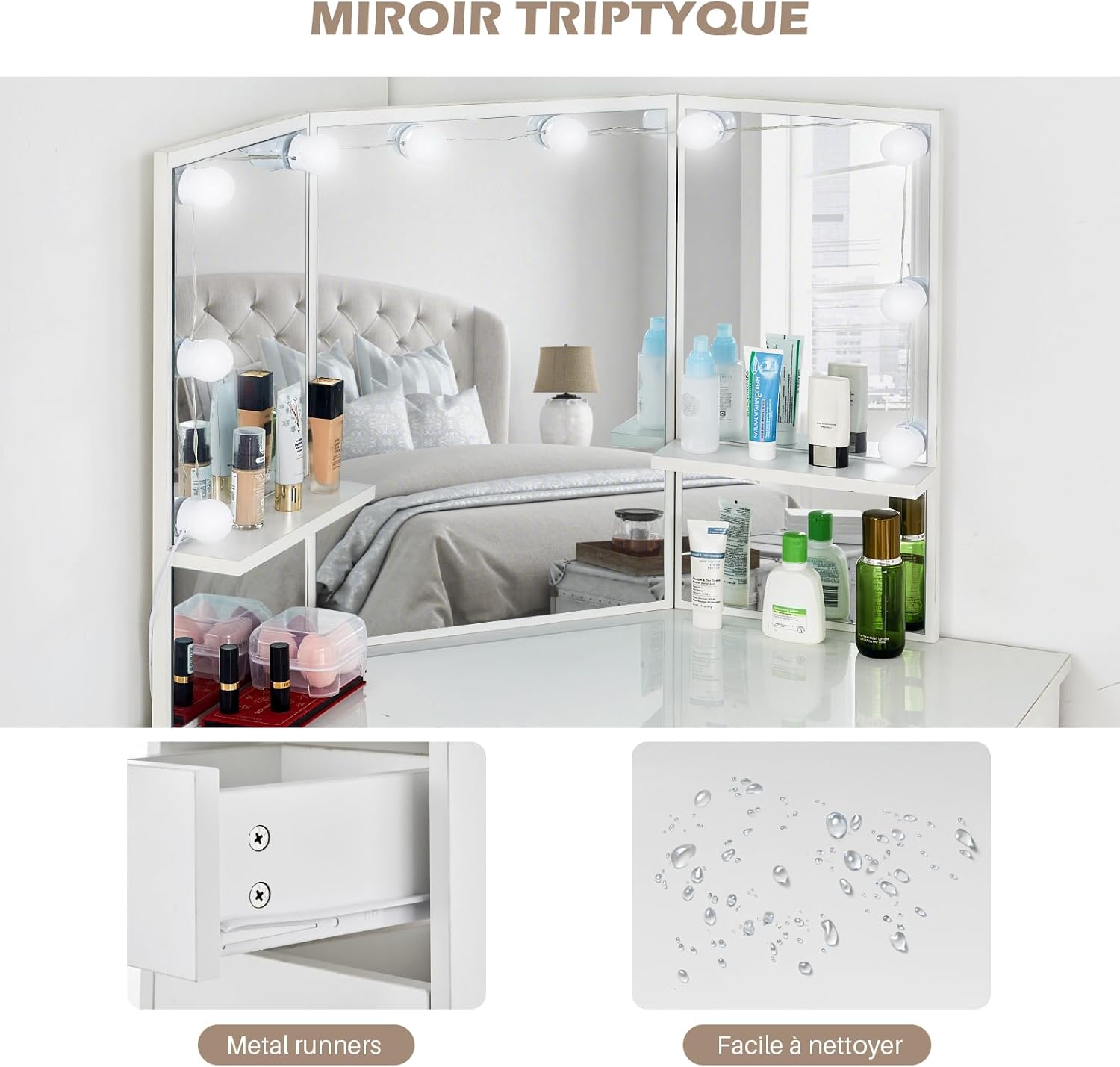 Coiffeuse avec Miroir Triptyque et Tabouret, Coiffeuse d'angle Miroir Tabouret 2 Compartiments 5 Tiroirs, Table de Maquillage Blanc Moderne Femme Cadeau avec LED