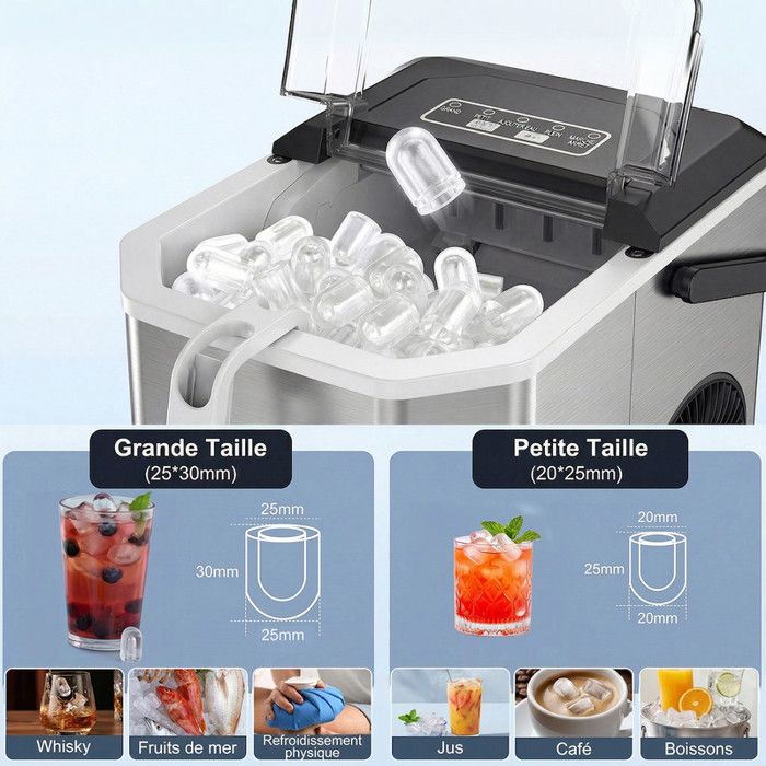 LOEFME Machine à glaçons 1.2L-9 Glaçons en 6 min 12kg/24h- autonettoyante silencieuse, deux tailles de glace，Avec support