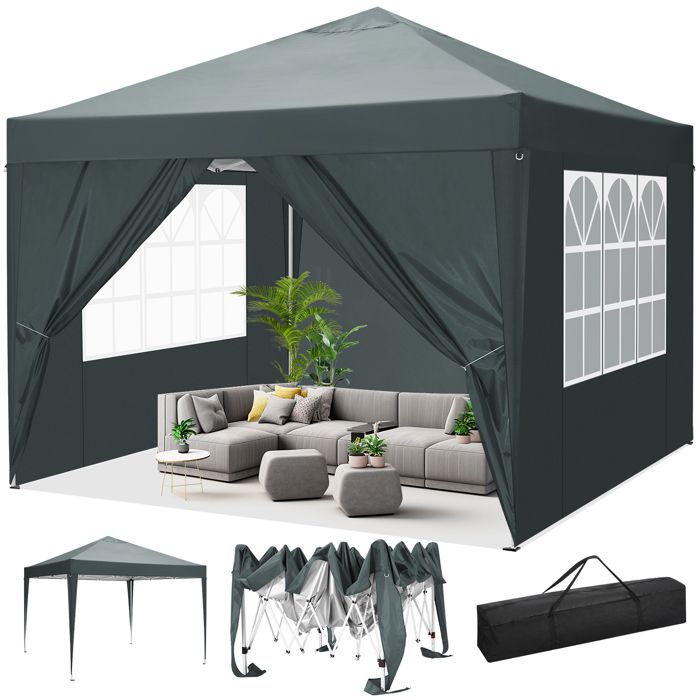 Tonnelle 3x3 Tonnelle Pliante de Jardin Imperméable avec 4 parois latérales,Gris