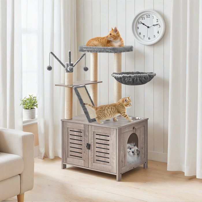 HOOBRO Arbre à Chat avec Maison de Litière pour Chat, Maison pour Chat en Bois avec Tour à Chat, Grège