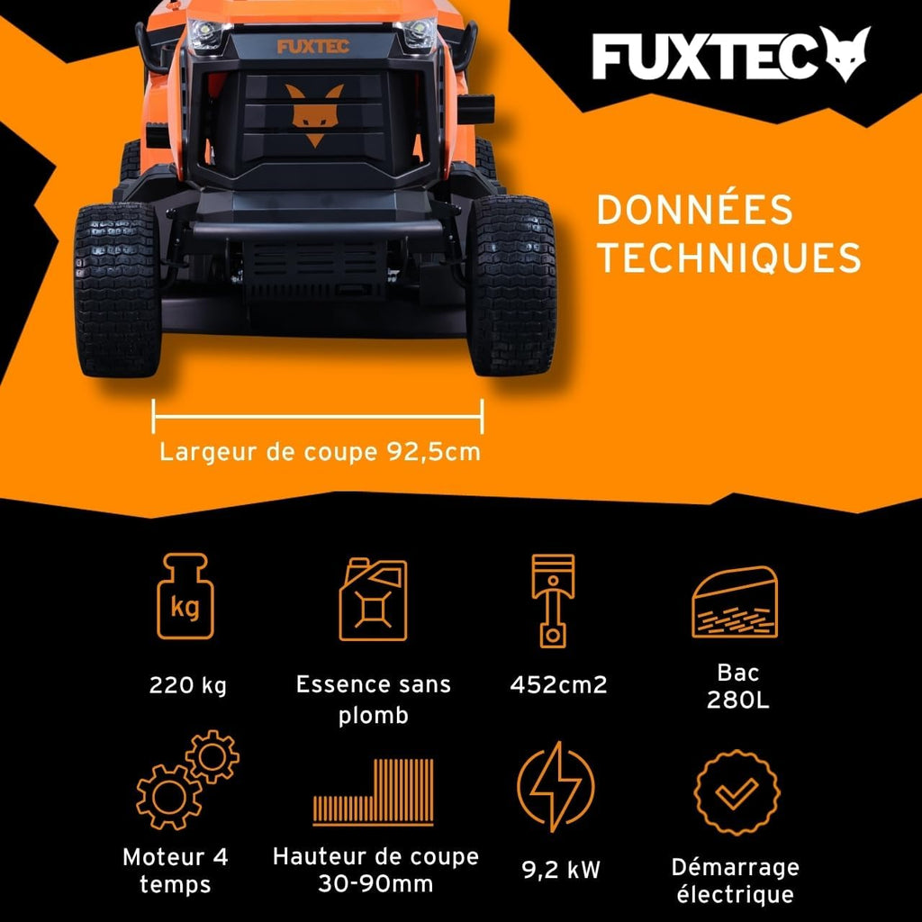FUXTEC FX-RMT92A – Tondeuse autoportée hydrostatique – Tracteur de pelouse Essence 9,2 KW – Largeur de Coupe 92,5 cm – Bac 280 L – 6 hauteurs de Tonte – LED Automatique – Fonction Mulching intégrée