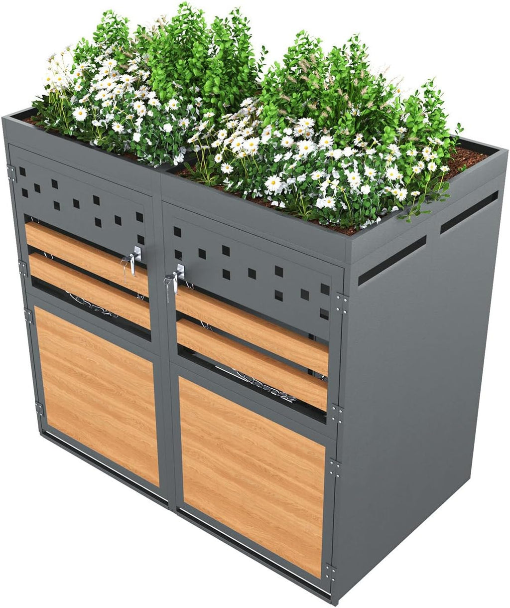 Billg Cache Poubelle Extérieur Double, Abri pour 2 Poubelles de 120-240 L, Antirouille Habillage de Poubelle avec Toit Végétal et 2 Portes avec Poignées Verrouillable, Acier Galvanisé, Anthracite