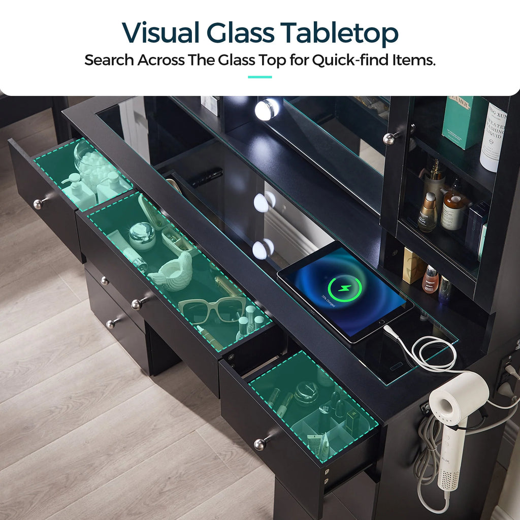 Coiffeuse verre 47 pouces miroir lumières rangement prise