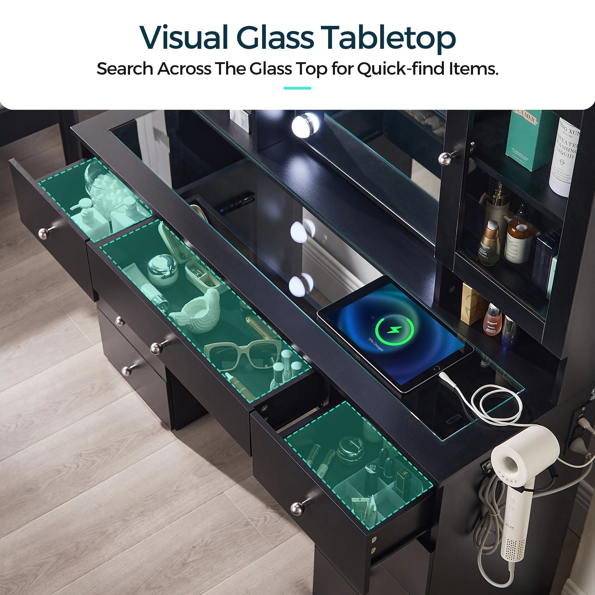 Coiffeuse verre 47 pouces miroir lumières rangement prise