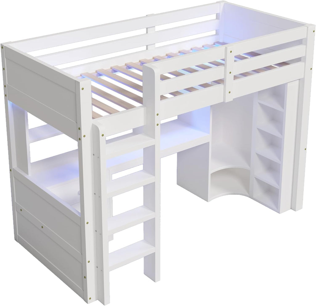 Lit Mezzanine 90x200 cm, Lit Superposé Enfant et Adulte avec Bureau, Lumières LED, Armoire, Échelle, 4 Tiroirs et Rangements, Blanc et Bois lit Mezzanine (90x200 cm)
