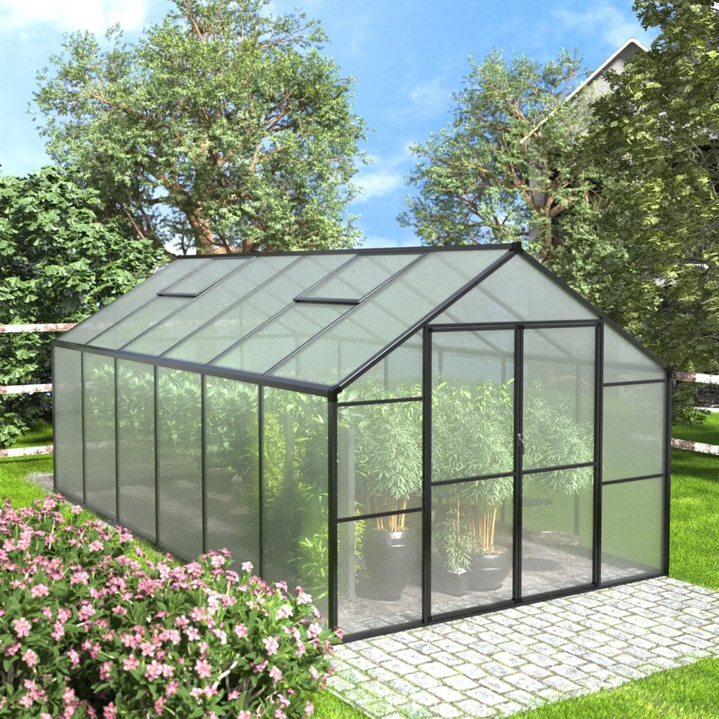 Serre de jardin aluminium VEIKOUS avec évent de toit réglable et porte verrouillable Grise