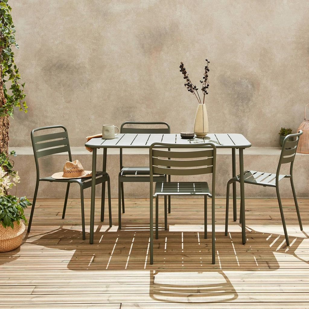 sweeek - Table de Jardin métal + 4 assises Anthracite en Kaki. Amelia. 120x70xH72.5cm