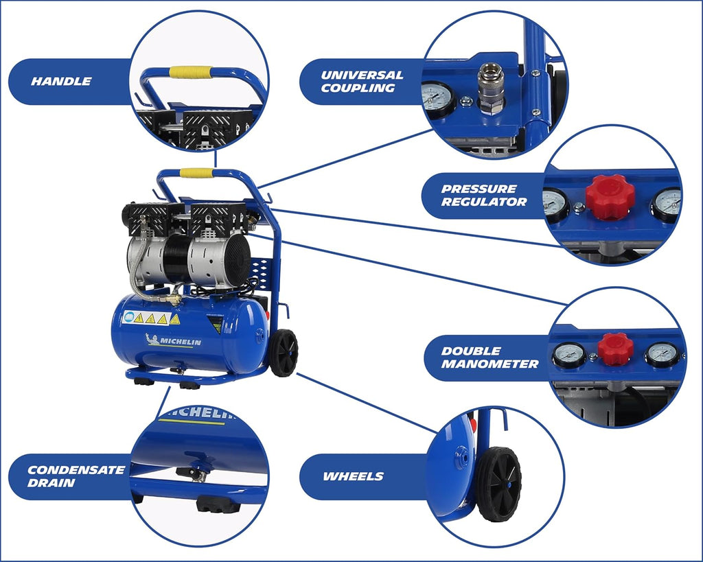 MICHELIN Compresseur d'Air Mobile Silencieux MX 10/1, Compresseur d'Air Sans Huile, Pression Maximale 8 Bar, Puissance 1 CV, Réservoir 10 litres, Niveau Sonore 58 dB LpA
