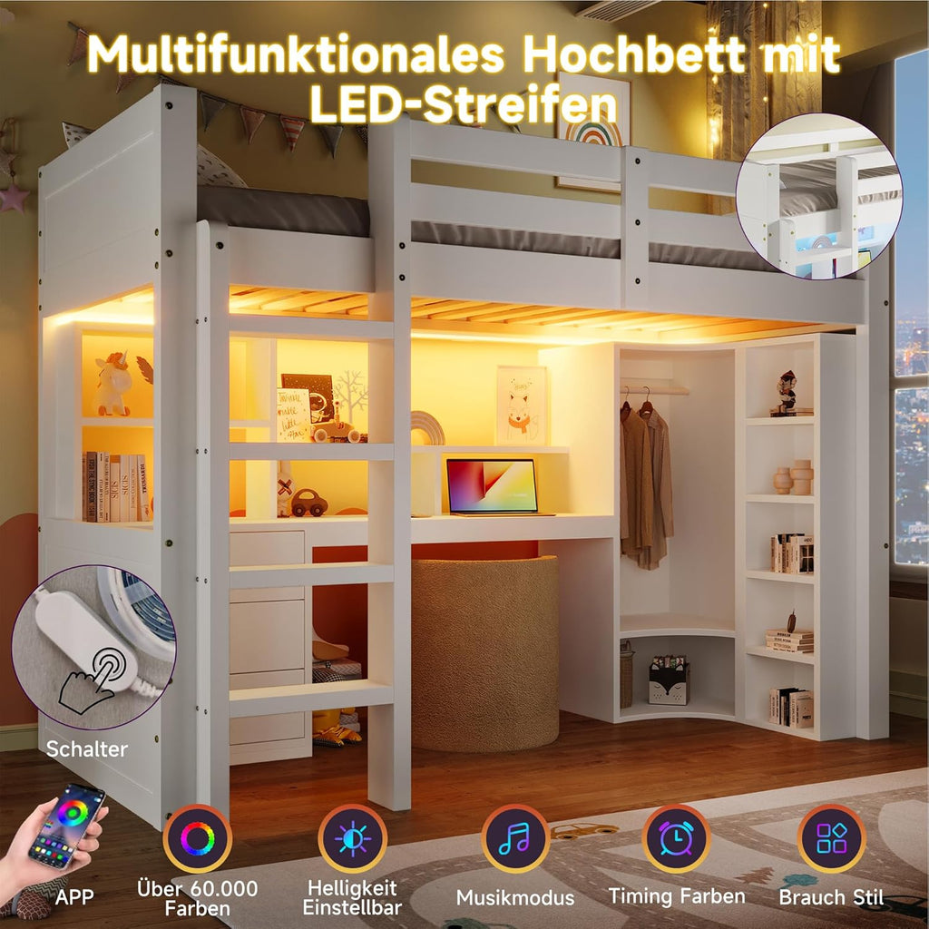 Lit Mezzanine 90x200 cm, Lit Superposé Enfant et Adulte avec Bureau, Lumières LED, Armoire, Échelle, 4 Tiroirs et Rangements, Blanc et Bois lit Mezzanine (90x200 cm)