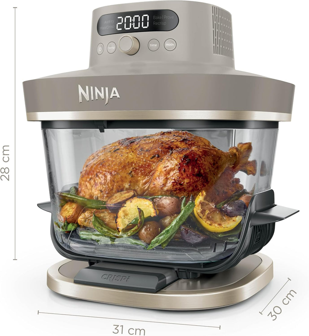 Ninja CRISPi PRO XL, Friteuse sans huile en verre, 5 modes de cuisson prédéfinis, avec contenants en verre CleanCrisp de 5,7 l et 2,3 l, couvercles de rangement, Stone/Or AS090EUSD
