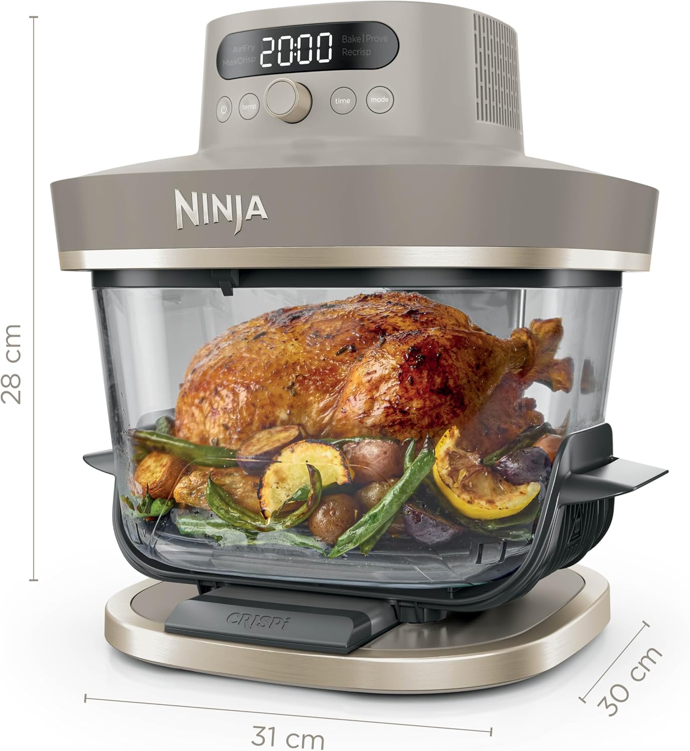 Ninja CRISPi PRO XL, Friteuse sans huile en verre, 5 modes de cuisson prédéfinis, avec contenants en verre CleanCrisp de 5,7 l et 2,3 l, couvercles de rangement, Stone/Or AS090EUSD