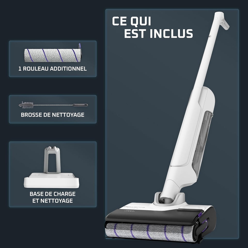 Rowenta X-Clean 10, Aspirateur Laveur sans Fil, Inclinable 180°, Auto-Nettoyage et séchage 65°C, 60min, pour tâches tenaces, Poils d’Animaux YY5785FE, Blanc