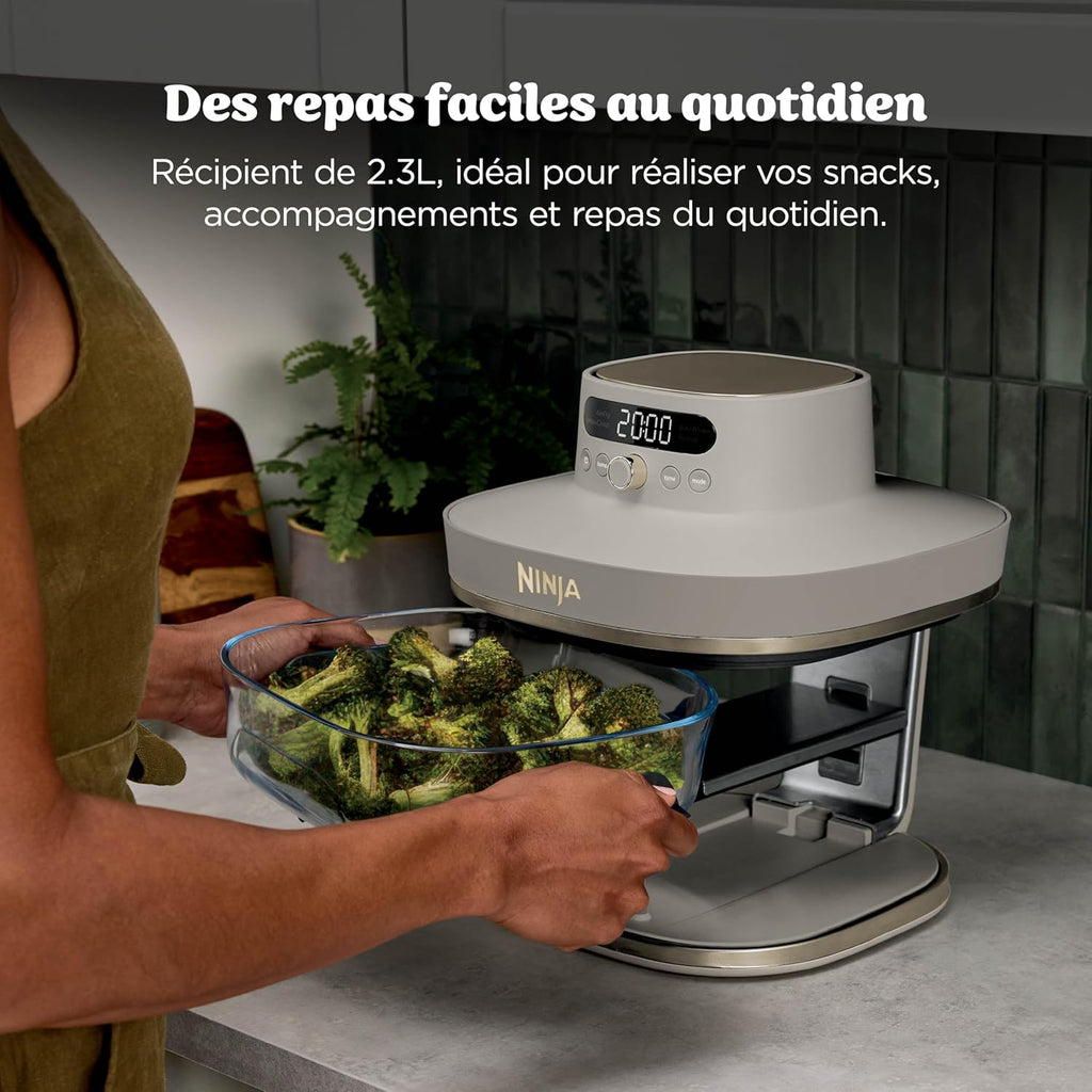 Ninja CRISPi PRO XL, Friteuse sans huile en verre, 5 modes de cuisson prédéfinis, avec contenants en verre CleanCrisp de 5,7 l et 2,3 l, couvercles de rangement, Stone/Or AS090EUSD