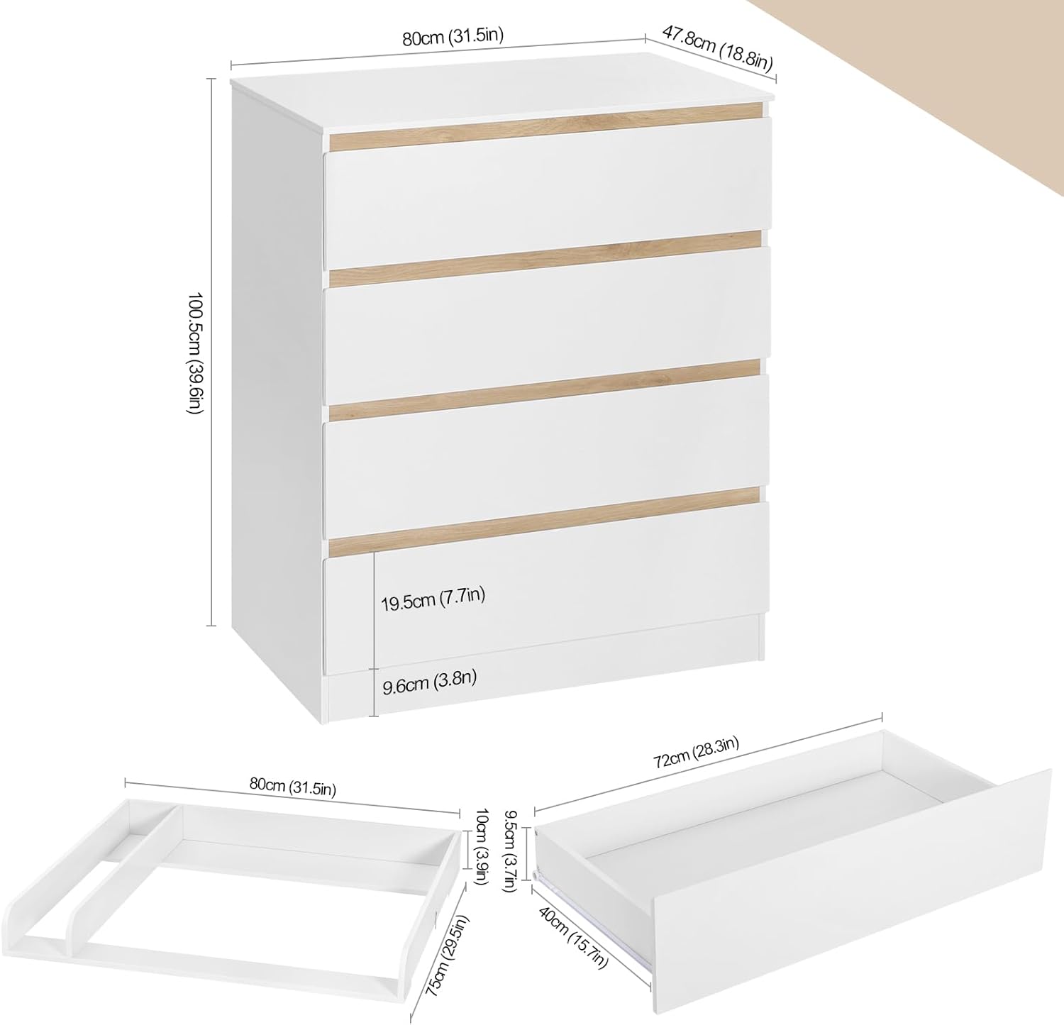 WOLTU Table à Langer + Commode avec 4 Tiroirs, Ensemble Meuble à langer pour Bébé, en Bois d’Ingénierie, Blanc + Chêne Clair, 80x75x109,2cm