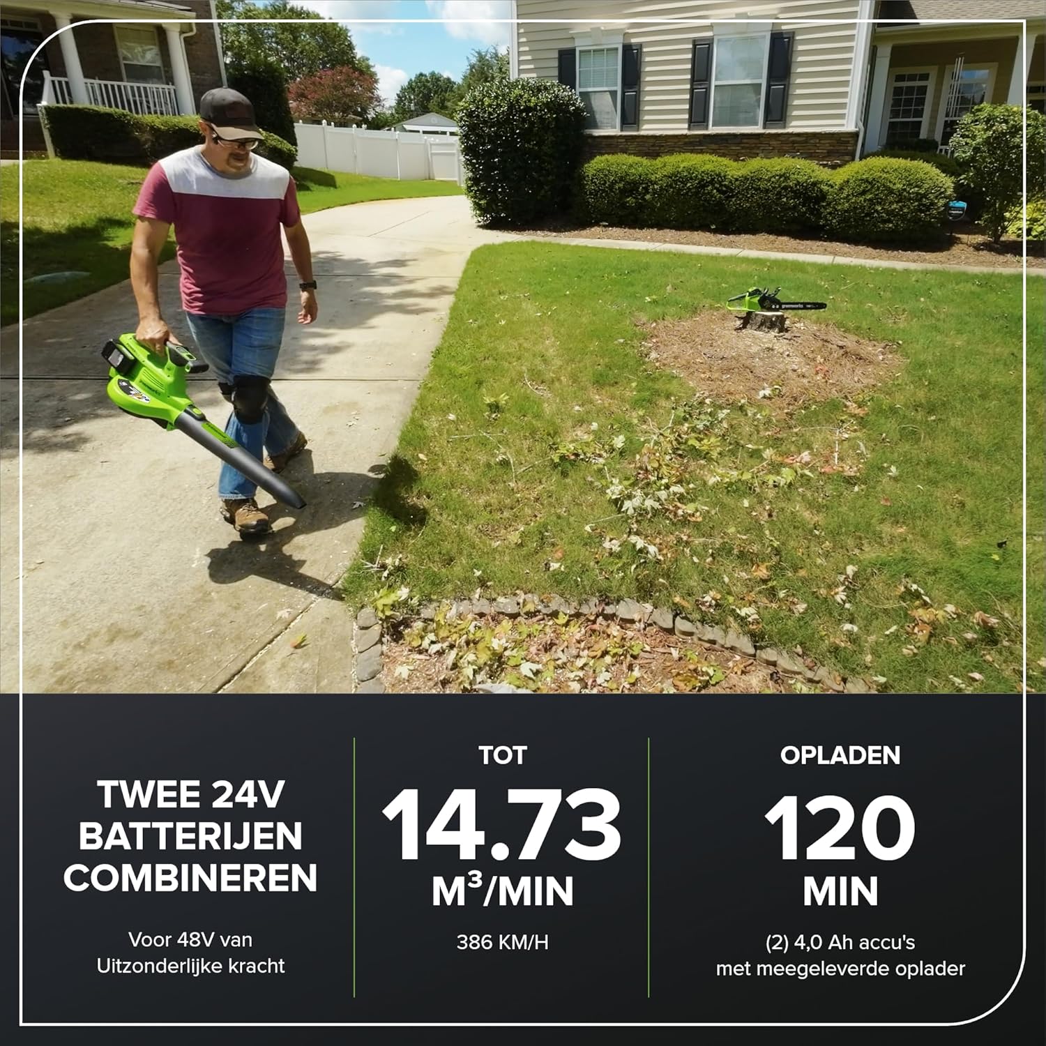 Greenworks 48V(24V x 2) Aspirateur Souffleur Sans fil de Feuilles à Batterie Bandoulière, Moteur Sans Balais, 386km/h, 14.73m³/min,Sac Mulching 45L, 2 Batteries 4Ah,Chargeur,Garantie 3 Ans BL48L421-01