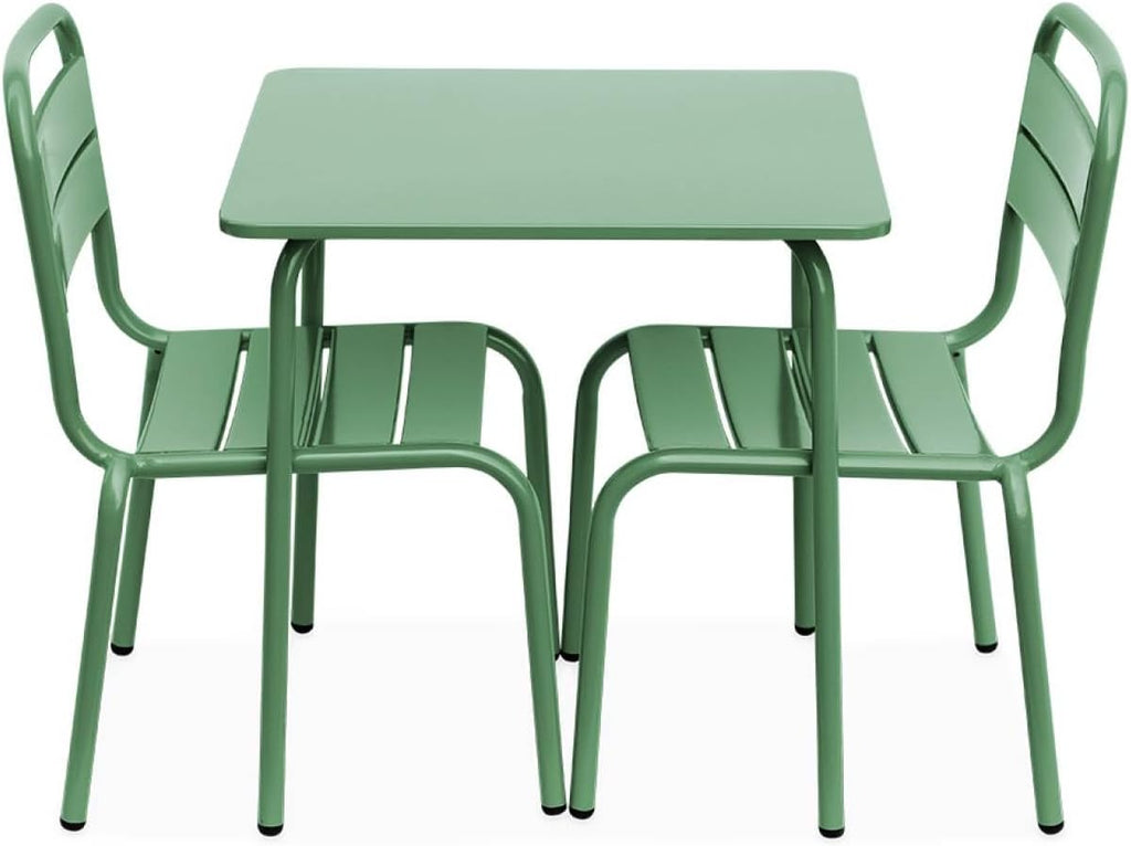 sweeek - Table de Jardin Enfant métal + 2 assises Vert de Gris Anna. 48x48cm