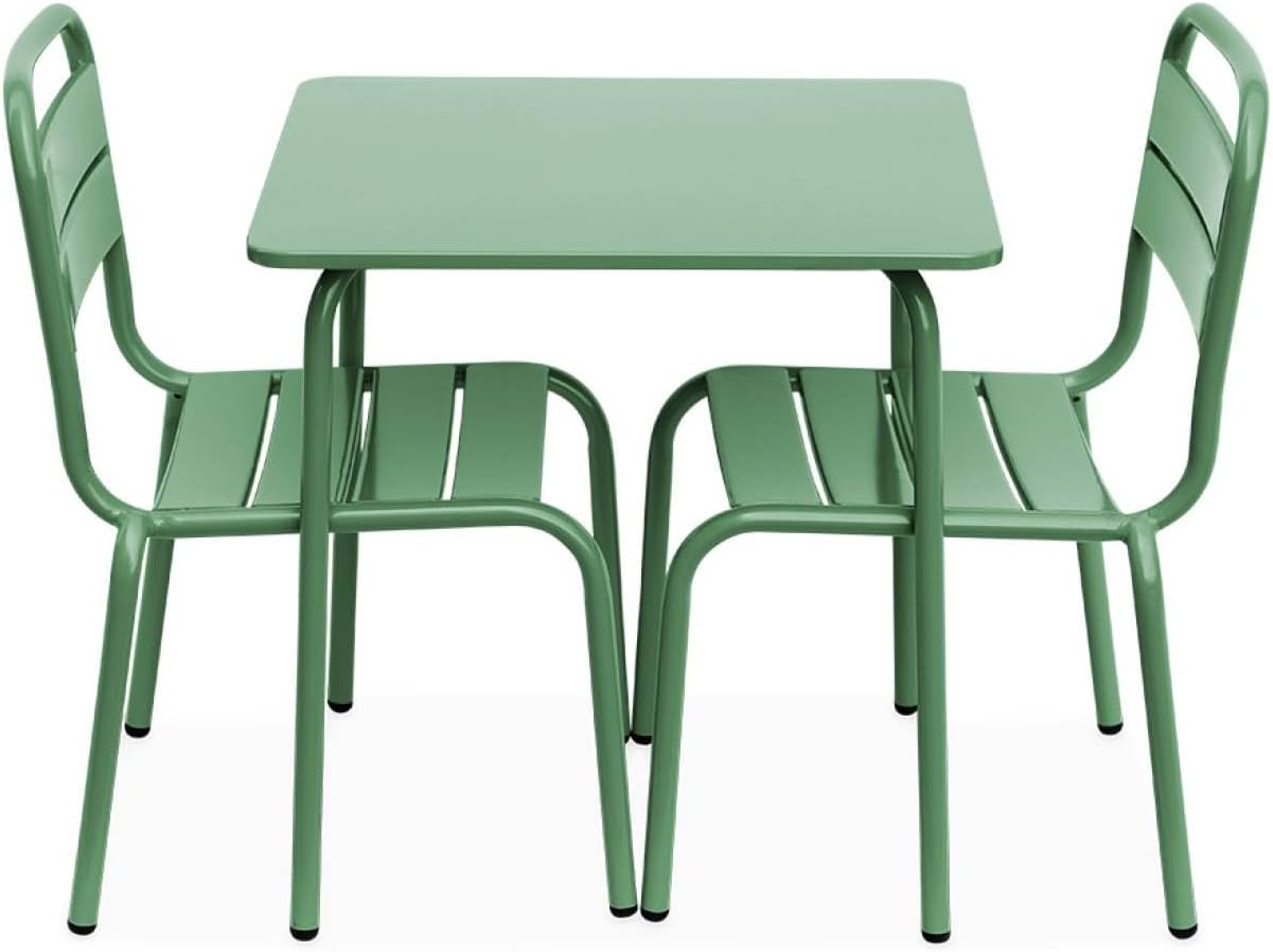 sweeek - Table de Jardin Enfant métal + 2 assises Vert de Gris Anna. 48x48cm