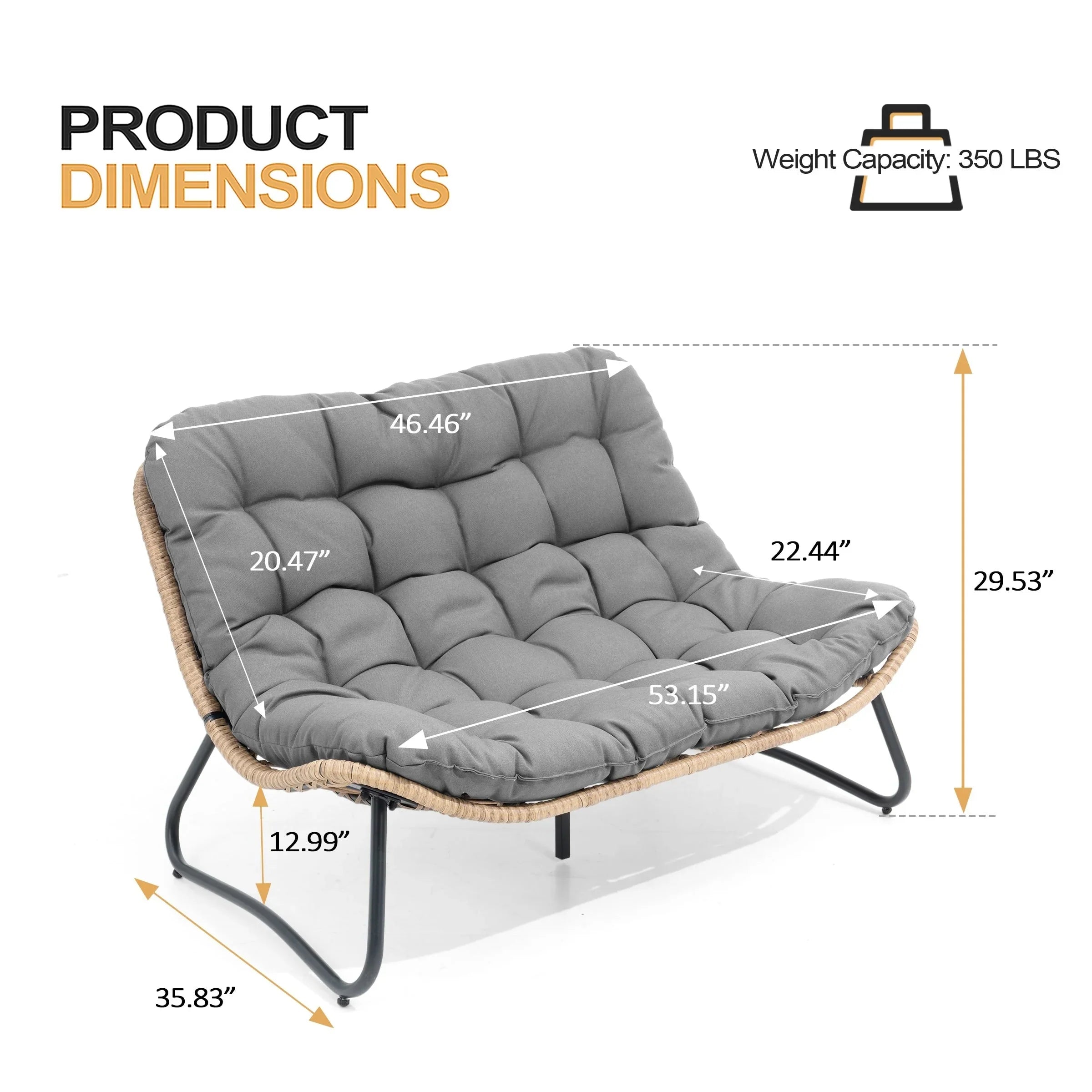 Causeuse double Papasan avec coussin, rotin PE tout temps et cadre en métal pour l'intérieur et l'extérieur