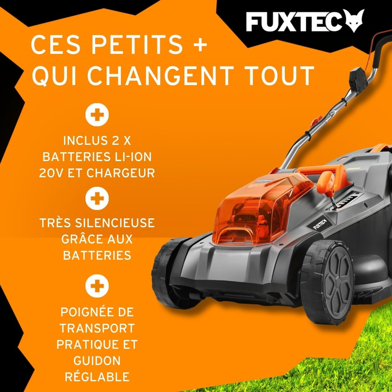 FUXTEC Tondeuse à Gazon sans Fil 40V (2x20V) E2RM43 Set Batteries et Chargeur - Largeur De Coupe 43cm, 40L, Hauteur De Coupe Variable, Tondeuse à Gazon Batterie, sans Fil