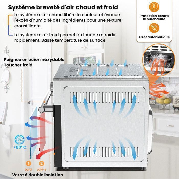 Mini four professionnel - Four a air, 30L/21 Programmes/30-230℃,  Lumière intégrée, Cavité et plateaux en acier inoxydable