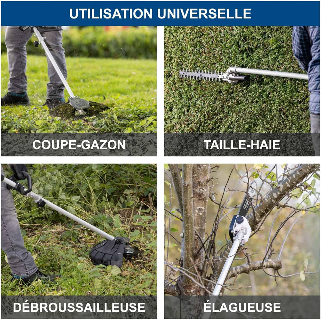 Scheppach Appareil multifonction 4 en 1 BC-MFH400-X 20V Brushless Multigarten, débroussailleuse, taille-haie, haute série 20V-IXES | avec batterie de 2 Ah et double chargeur