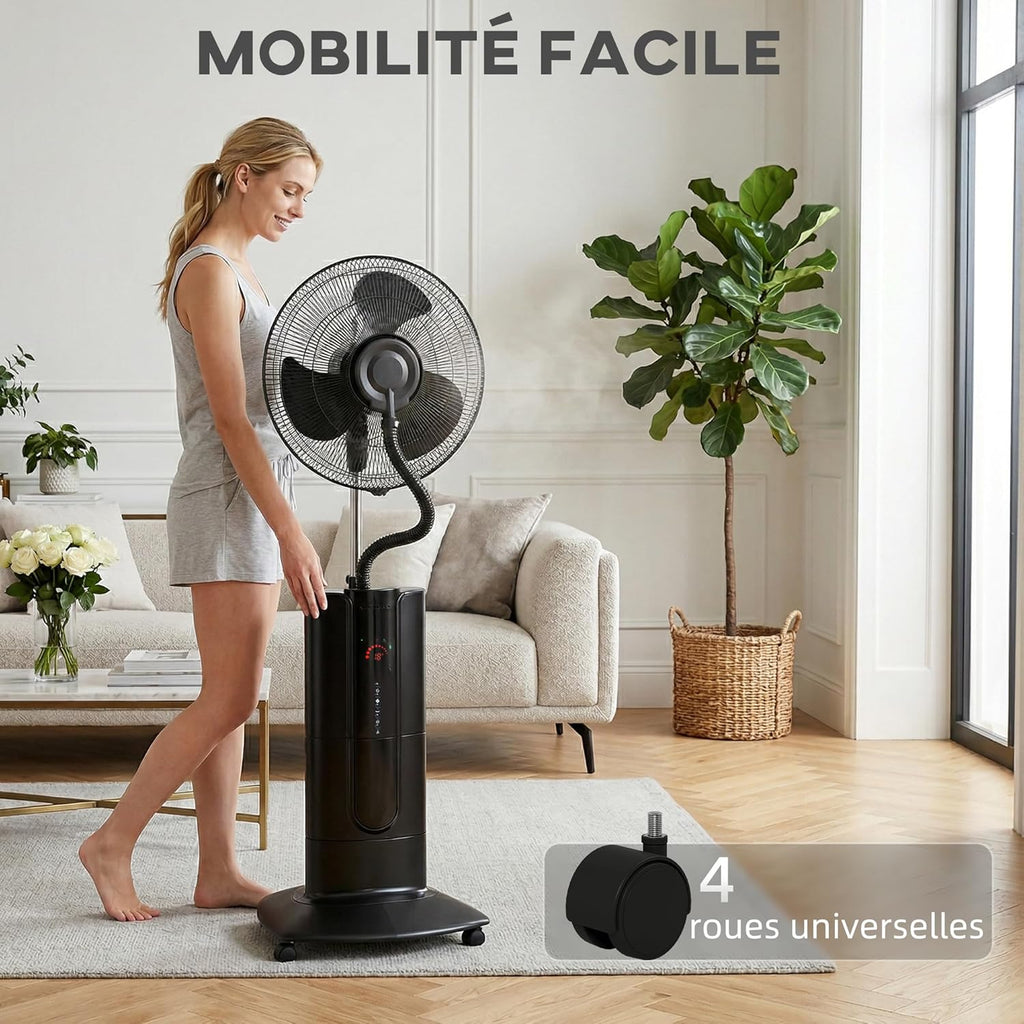 HOMCOM Ventilateur brumisateur 100 W à ionisation négative, ventilateur sur pied 130 cm, oscillation à 120°, 3 vitesses, 3 modes, réservoir d'eau 1,5 L, télécommande, minuterie 9h, roulettes, noir
