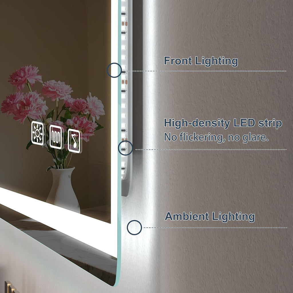 S'bagno Espejo-Baño-con-Luz 120x70cm, Espejo-Baño-LED-Bluetooth con Función Antivaho, 3000K/4000K/6500K, Regulable, Memoria, Cristal Templado HD, IP44-Espejos-de-Baño-con-LED, Horizontal/Vertical
