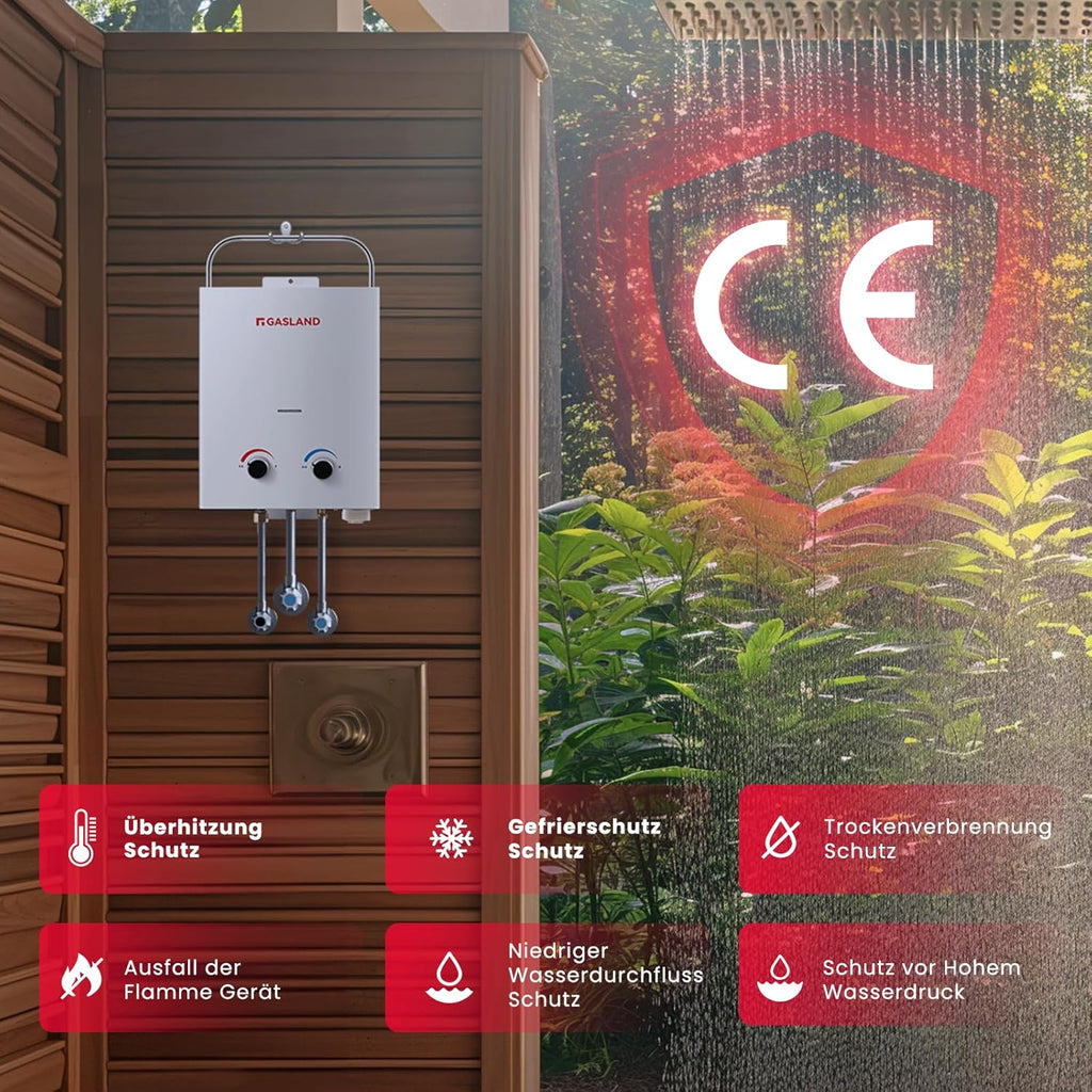 AS132 Chauffe-eau instantané au gaz 5 l - 50 mbar - Chauffe-eau GPL - Pour camping-car, camping, douche, lavage de cheval