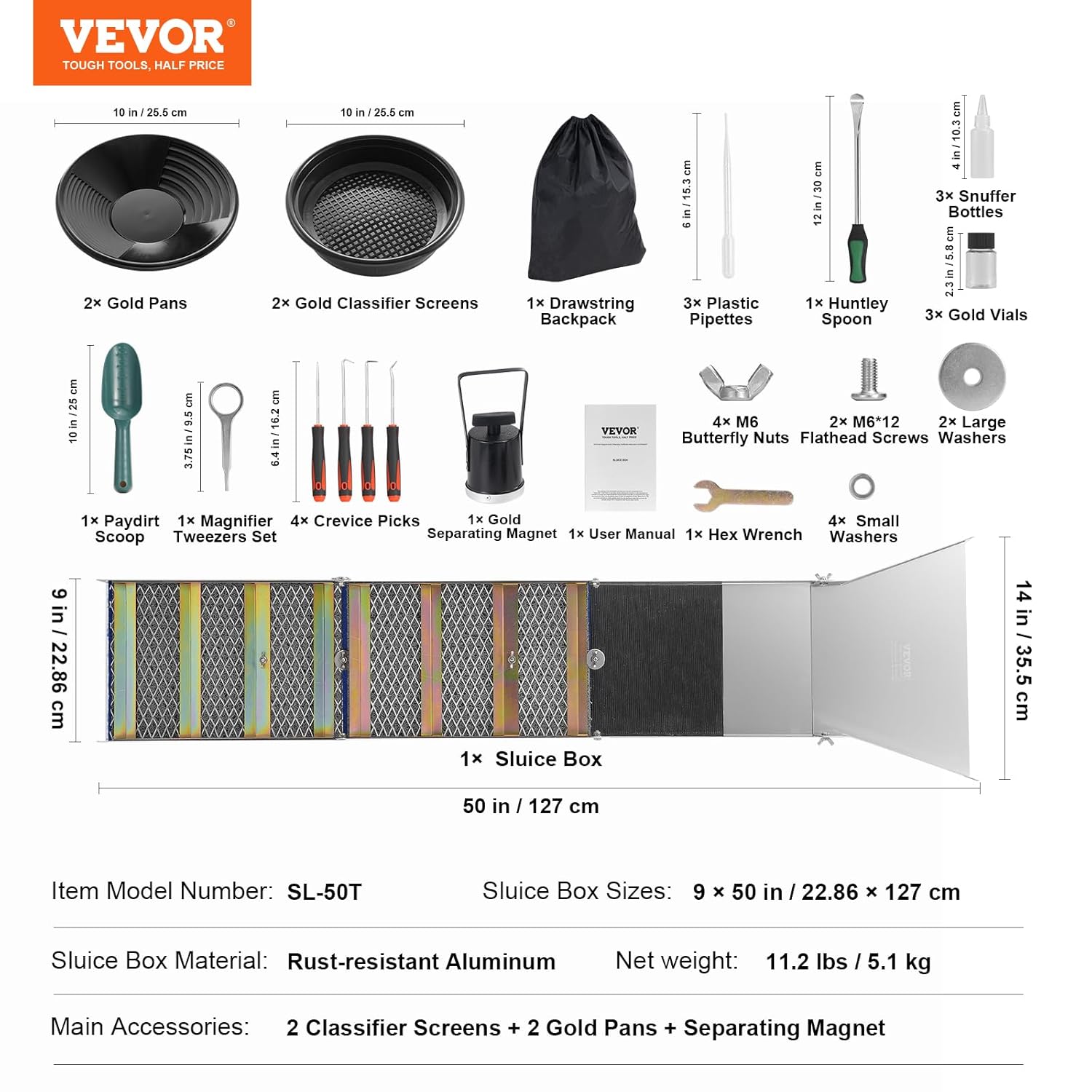 VEVOR Kit d'Orpaillage Portable 23 Pièces Rampe d'Orpaillage 127 cm en Aluminium Résistant avec Bâtée Tamis Pipettes Pelle et Sac de Transport Sluice pour Mineur Prospecteur d’Or Jardin Rivières