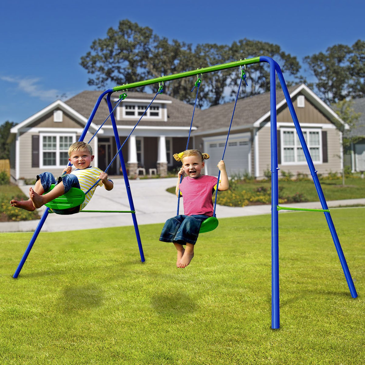 Columpio Doble Infantil Para Jardín + 3 Años Juego Para Niños De Metal Outdoor Toys 220x138x182 Cm Carga Hasta 45 Kg