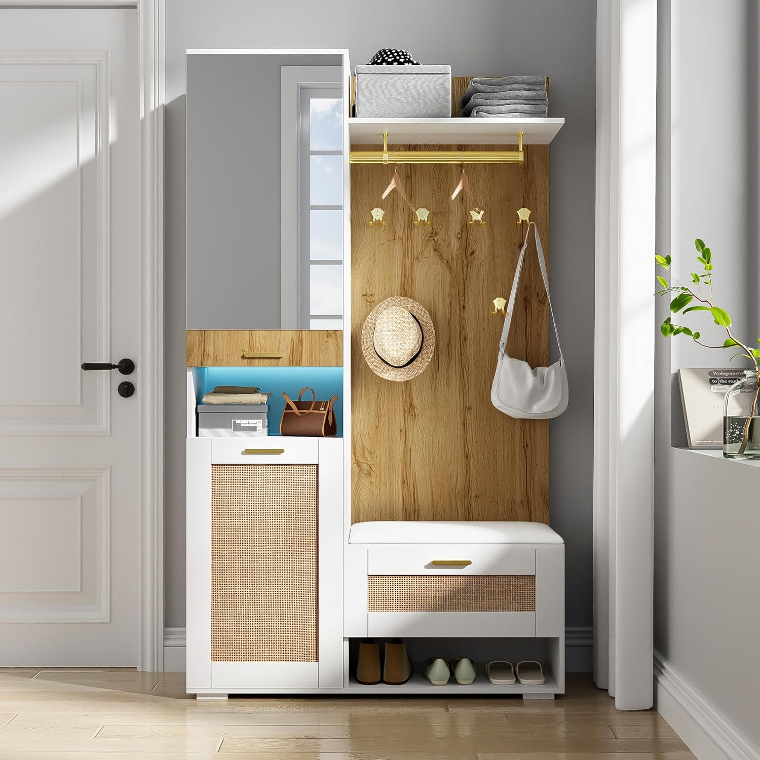Meuble armoire pratique avec miroir pleine longueur,rangement chaussures avec assise basse,crochets suspendus en métal doré,étagères latérales ouvertes,vertical pour entrée claire Bois+Blanc