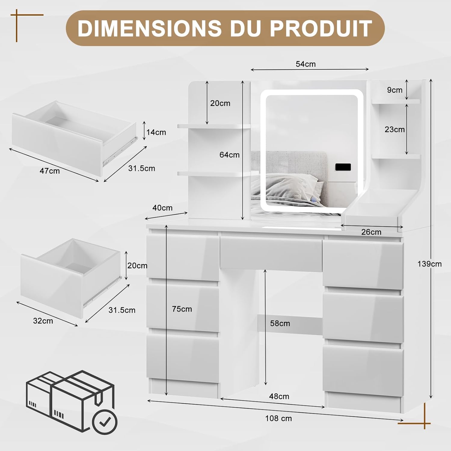 TRIUMPHKEY Coiffeuse Moderne Blanc Haute Brillance, Miroir LED à Lumière Réglable, Grand Espace de Rangement,Table de Maquillage avec 7 Tiroirs, 3 Compartiments, 4 Étagères Ouvertes