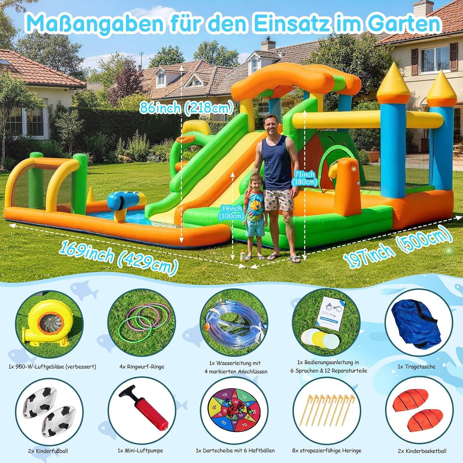 FOOING Grand toboggan aquatique gonflable avec 2 toboggans et pataugeoire pour enfants – Château rebondissant avec deux voies pour les fêtes de jardin et de cour, plaisir d'été en plein air