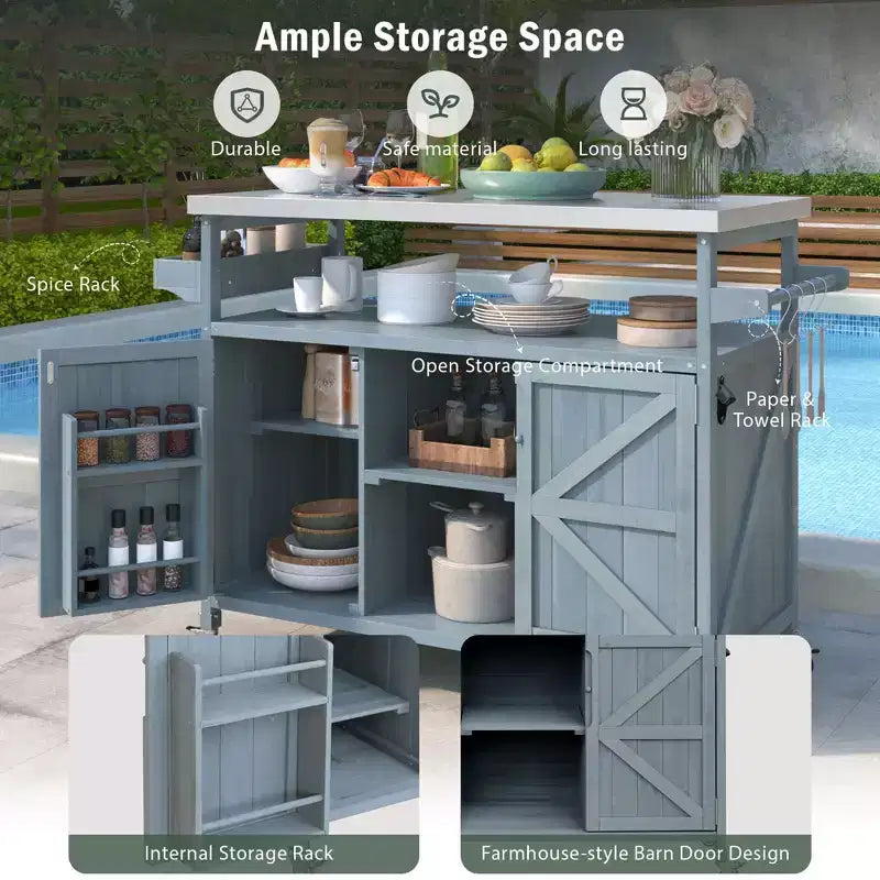 Okak Outdoor Kitchen Island with Stainless Steel Top, Wooden Kitchen Cart with Doors, Shelves and Spice Rack, Rolling Kitchen Island