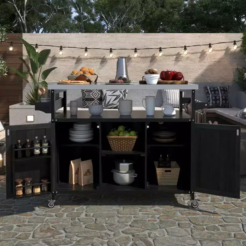 Okak Outdoor Kitchen Island with Stainless Steel Top, Wooden Kitchen Cart with Doors, Shelves and Spice Rack, Rolling Kitchen Island