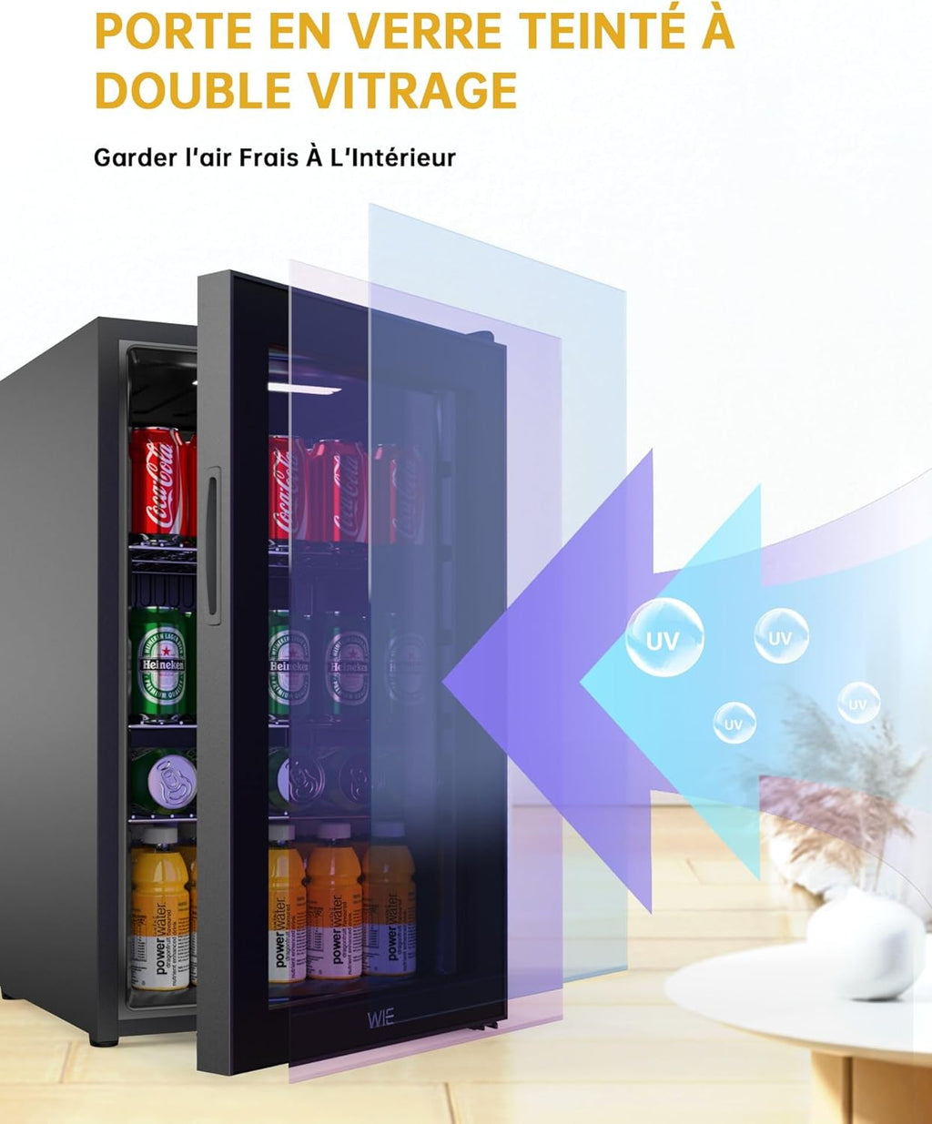 WIE Réfrigérateur à Boissons 70L Mini Réfrigérateur avec Double Porte Vitrée Petit Frigo Silencieux à Bière Intérieur Extérieu 105 Cans pour Maison/Cuisine/Bar/Bureau