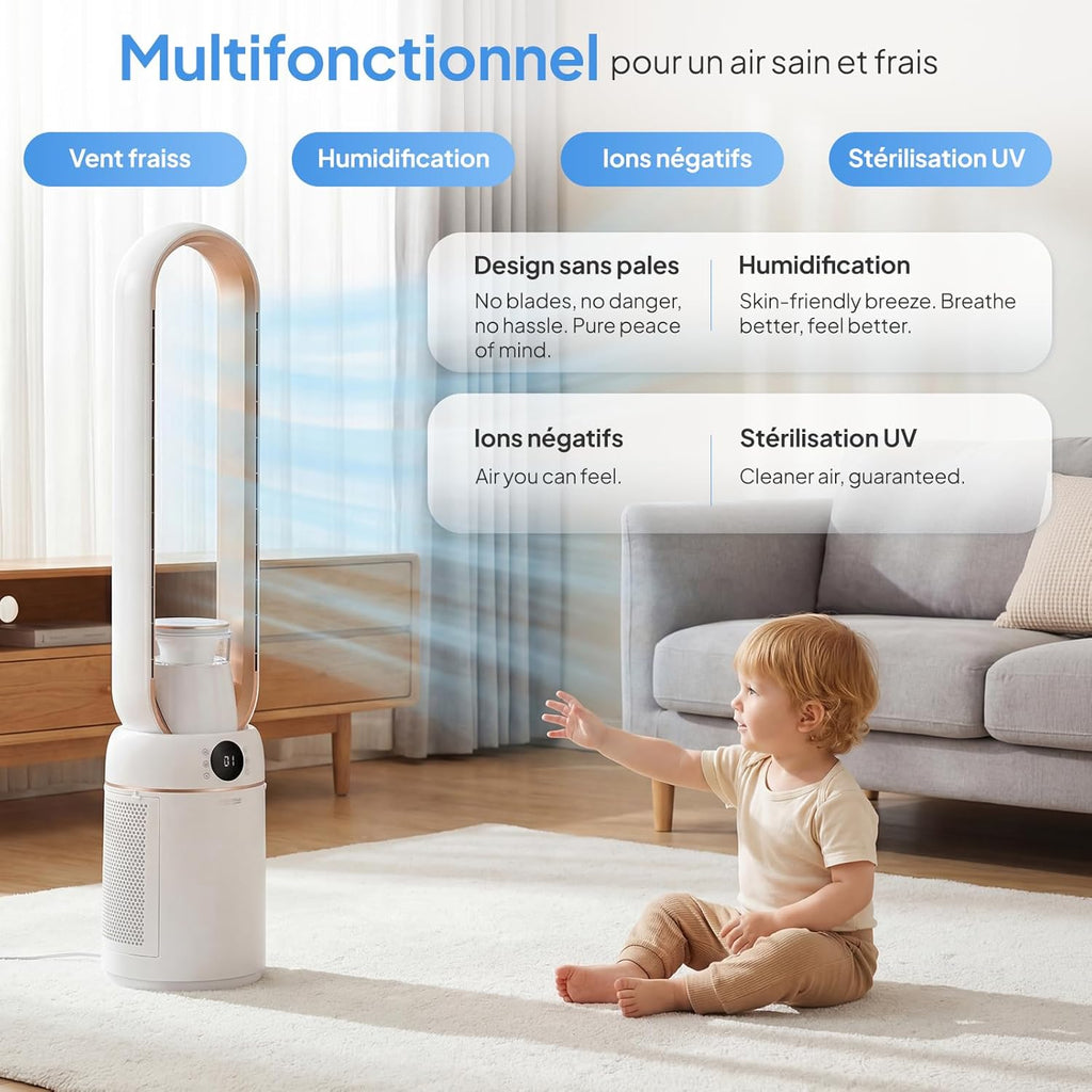 ROVSUN Ventilateur Colonne Purificateur d'Air, Ventilateur Sans Pales 110 cm, Humidification, Ions Négatifs, Stérilisation UV, 32 Vitesses, 4 Modes, 15H Minuteur, Oscillation 80°, Tactile+Télécommande