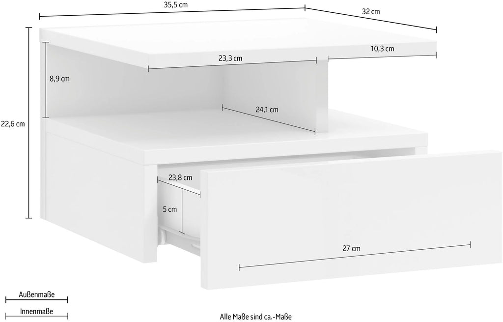 Mesita de noche suspendida Roma blanco brillante, con diseño minimalista de 35,5 cm de ancho