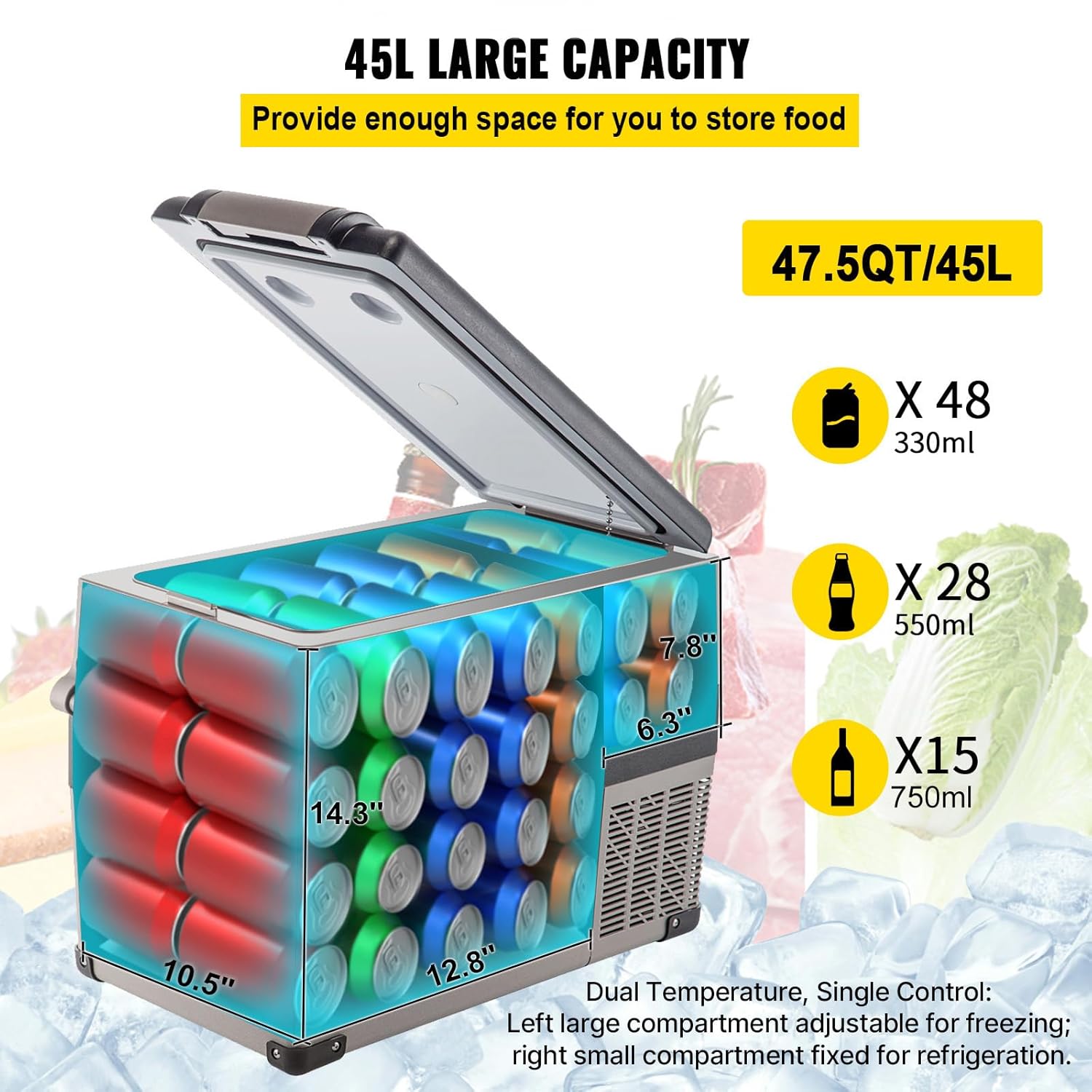 VEVOR Réfrigérateur Portable à Compression 45 L,Réfrigérateur de Voiture 693 x 345 x 456 mm，Mini Frigo Glacière Électrique 60W Réfrigération Rapide Conduite Sécurisée pour Maison/Voiture/Camping