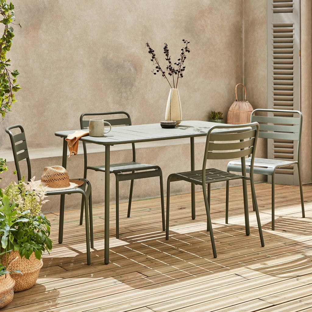 sweeek - Table de Jardin métal + 4 assises Anthracite en Kaki. Amelia. 120x70xH72.5cm