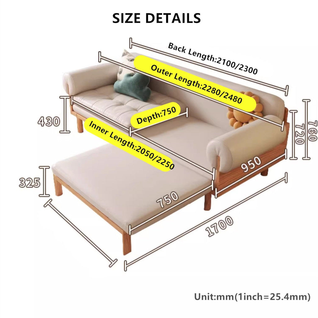 Japandi Solid Wood Recessed Arms Folding Sleeper Sofa Bed