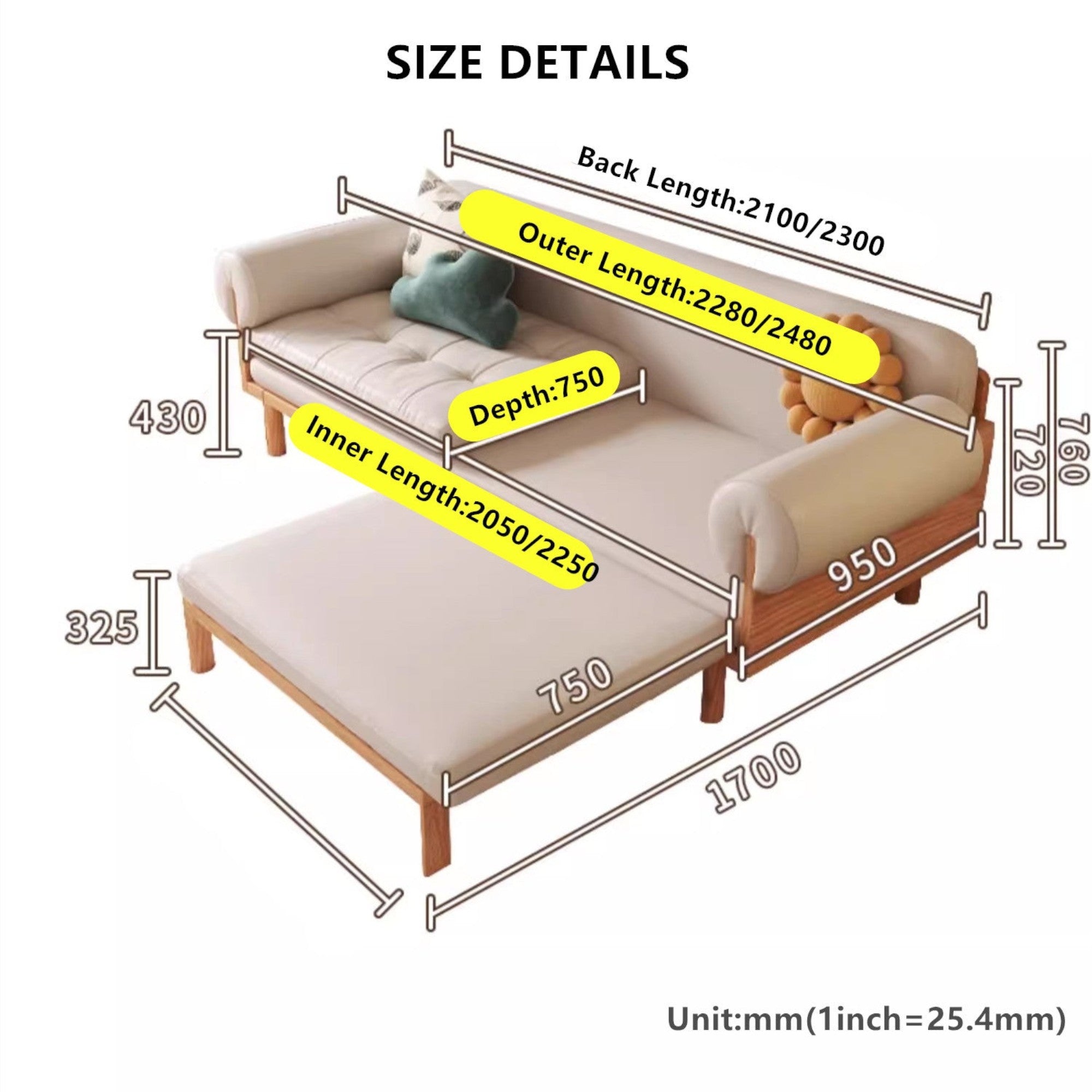 Japandi Solid Wood Recessed Arms Folding Sleeper Sofa Bed