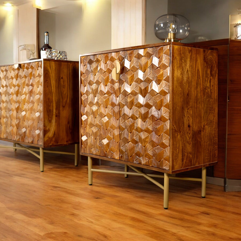 Wooden Gem Art Deco Solid Mango Wood Sideboard Cabinet with Golden Frame
