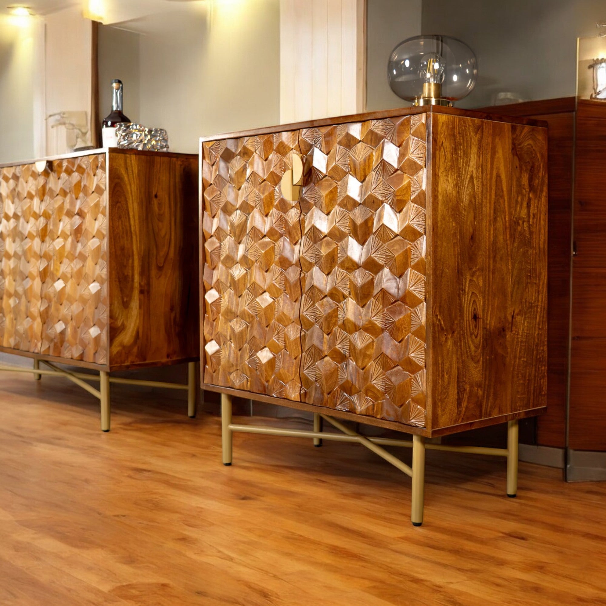 Wooden Gem Art Deco Solid Mango Wood Sideboard Cabinet with Golden Frame